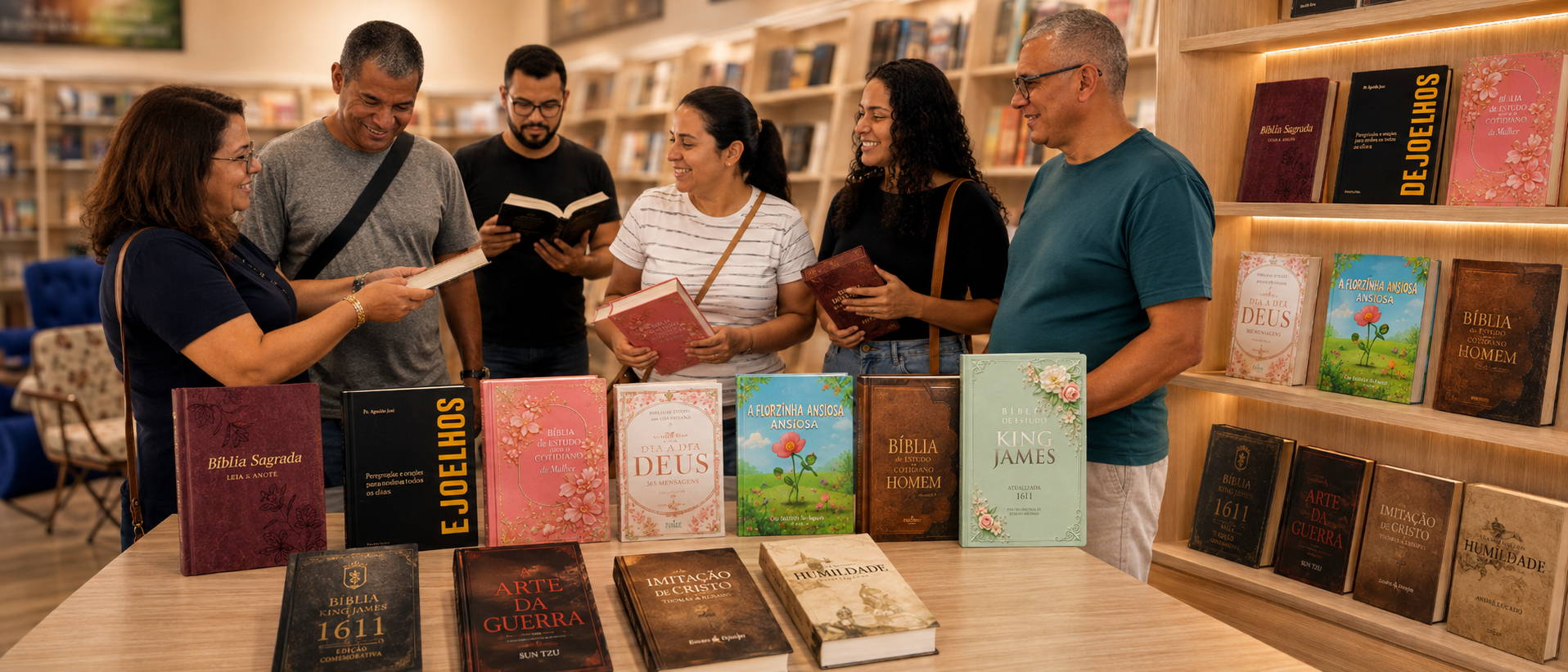 Membros de igreja escolhendo livros e Bíblias em uma mesa